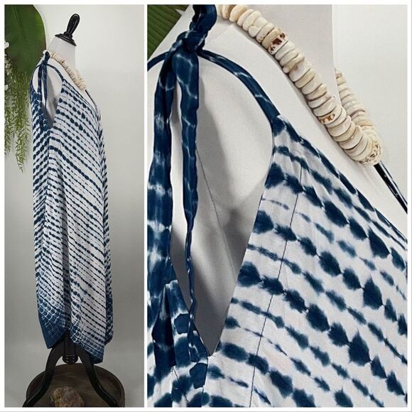 The Pō`alima Romper Blue/White V-Neck V Back Shoulder Tie  Boho Gypsy  Wide Leg - Picture 4 of 15
